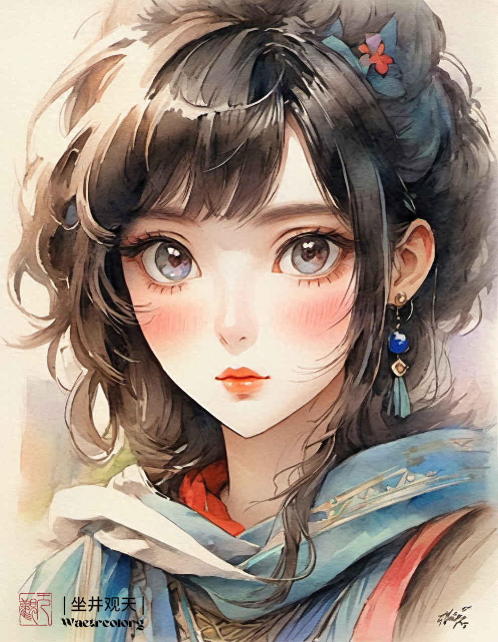 水彩《美少女头像》