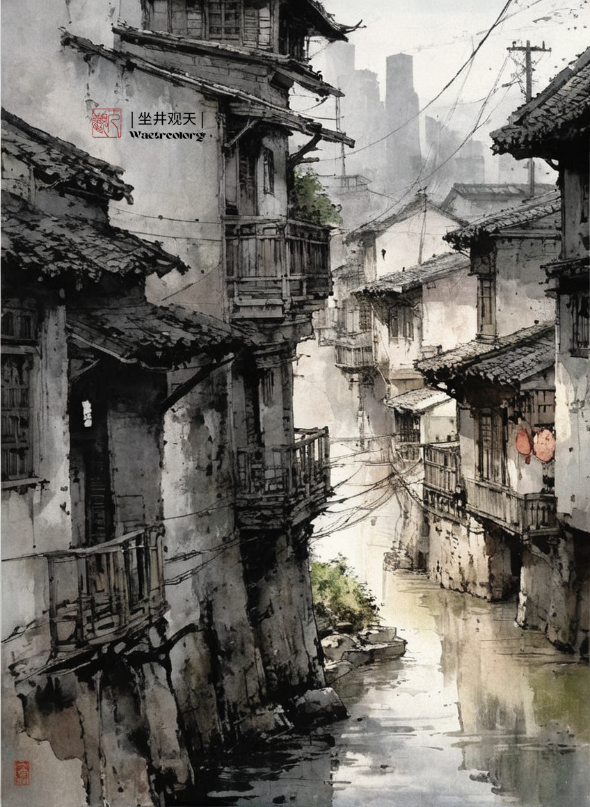 水彩《太湖岸边临水人家》